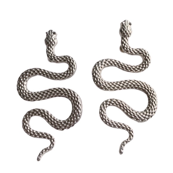 Snake Shaped Silver Tone Drop Pierced Earrings Textured - Picture 2 of 4